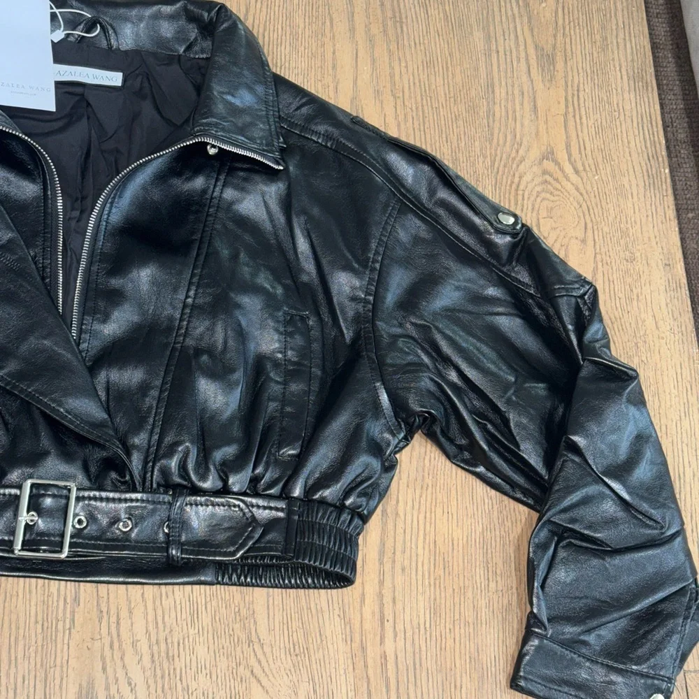 Azalea Wang Cropped Moto Jacket Black Faux Leather Belted Biker Size L NWT - Picture 2 of 7